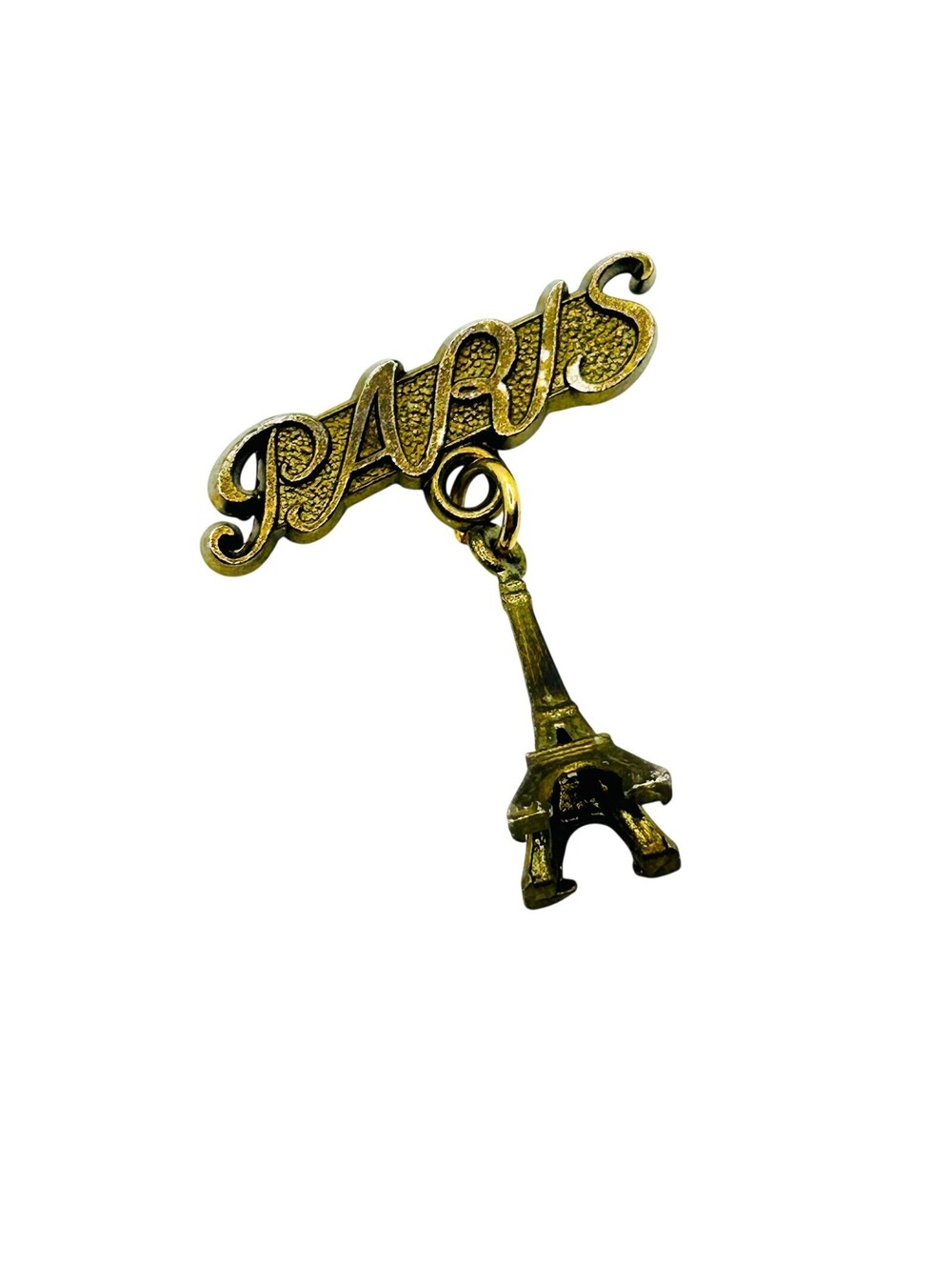 Vintage 60s Paris Eiffel Tower Gold Script Souvenir Brooch Pin